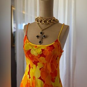Rumored Bright Yellow & Orange Floral Slip Dress